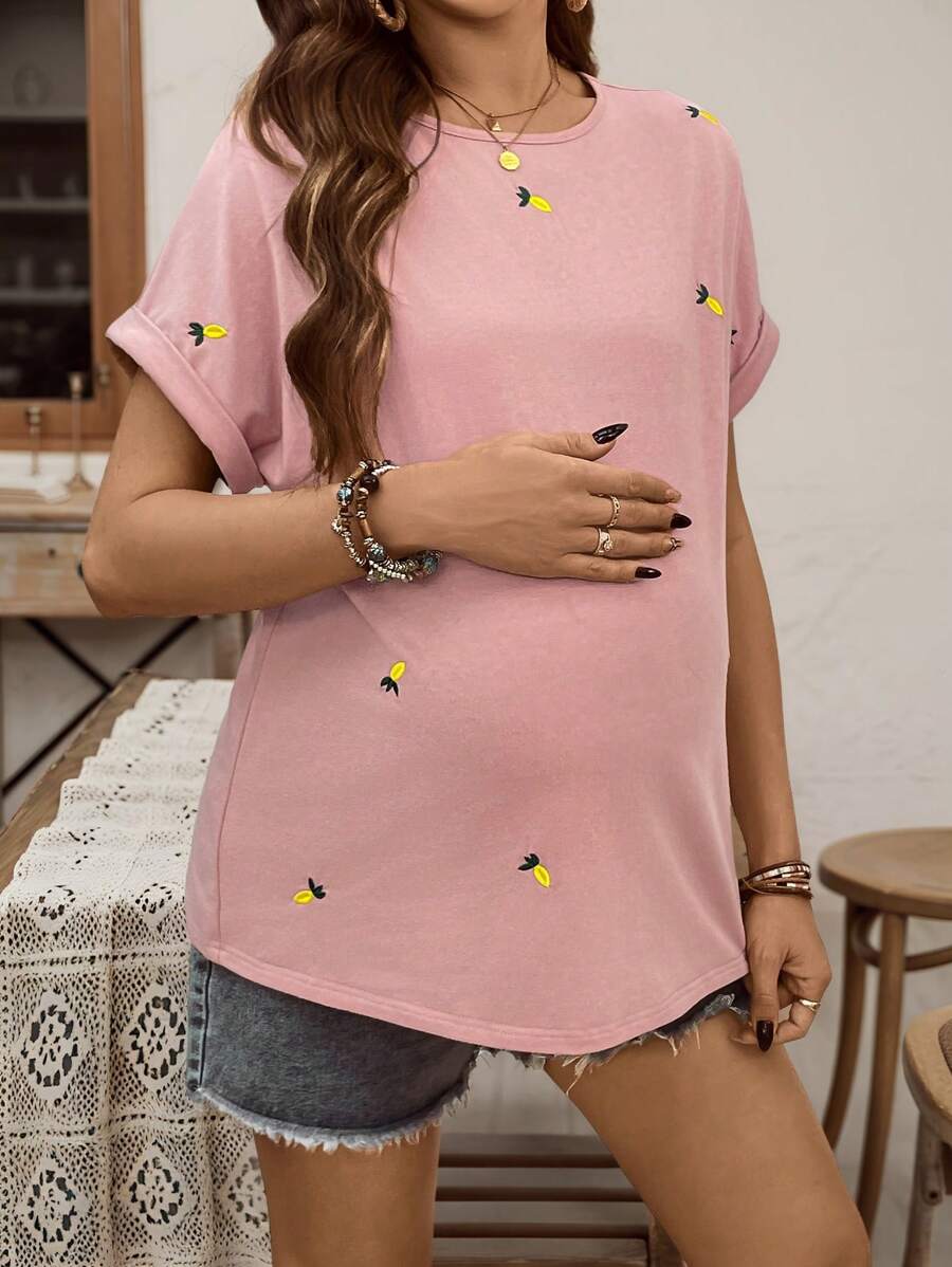 SHEIN 孕妇圆领短袖刺绣休闲上衣 - 粉色 - 查看 1