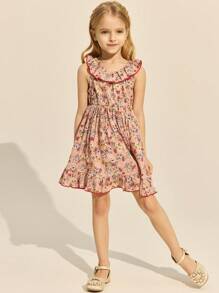 SHEIN Robe élégante à volants et imprimé rose en mousseline de soie pour jeunes filles, printemps/été - Multicolore - Voir 3