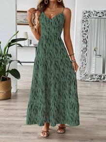 SHEIN PETITE 秋季复古可爱蝴蝶结吊带多层拼布波西米亚风格女式连衣裙 - 綠色 - 查看 7