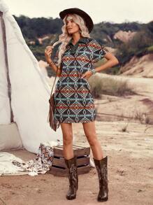 LanaWest 女式随意剪裁波西米亚风图案修身短袖连衣裙 - 彩色 - 查看 5