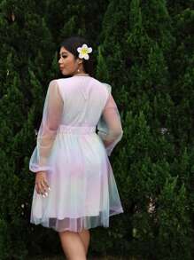 Breezaya Vestido sexy de manga farol con escote profundo en V y malla en tallas grandes para mujer