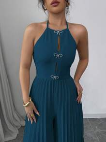 SHEIN Privé 优雅杏色挂脖系带前镂空金属水钻蝴蝶结褶皱阔腿女式连体裤 - 藍色 - 查看 6