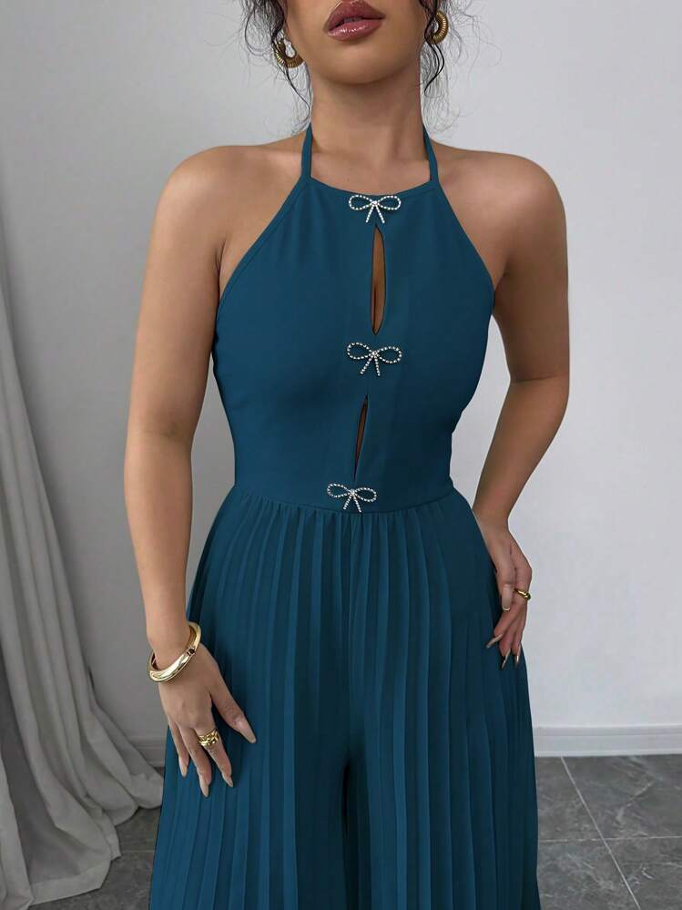 SHEIN Privé Bộ đồ liền thân ống rộng xếp ly đính đá kim loại rỗng màu mơ thanh lịch - Màu xanh lam - Xem 6