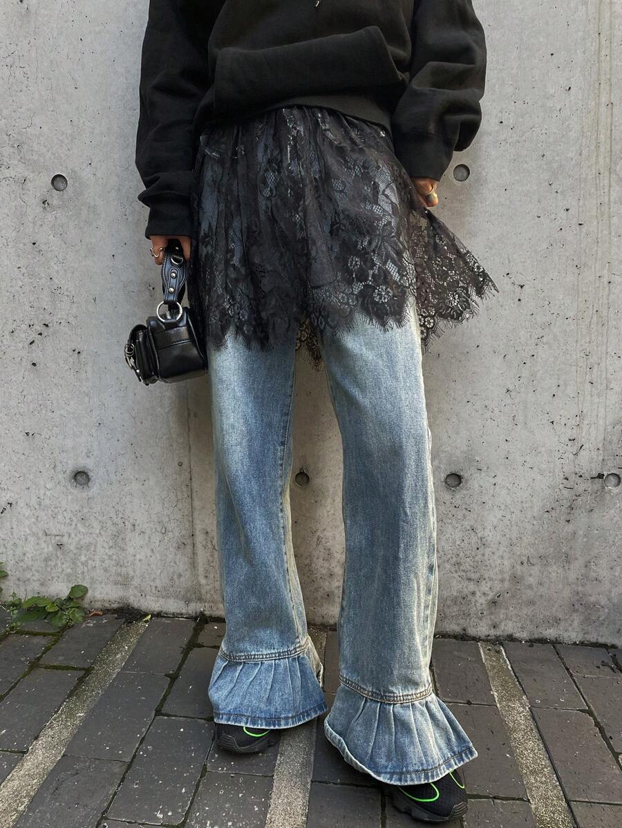 FRIFUL Women Lace Trim Minimalist A-Line Skirt, Casual For Daily Wear Y2k - Black - View 1