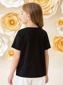SHEIN Tween Girl Elegant Mock Neck Floral 3D Decor Short Sleeve T-Shirt - Black - View 2