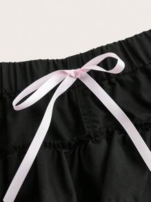 SHEIN EZwear Plus Size Casual Solid Color Bow Decor Ruffle Hem Denim Shorts - Black - View 4