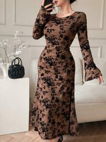 DAZY Valentine's Day Sexy Allover Print Flocked Ditsy Floral Mesh Women's Mid-Length Dress Elegant,Fall Dress Long Sleeve Dress - Coffee - View 1