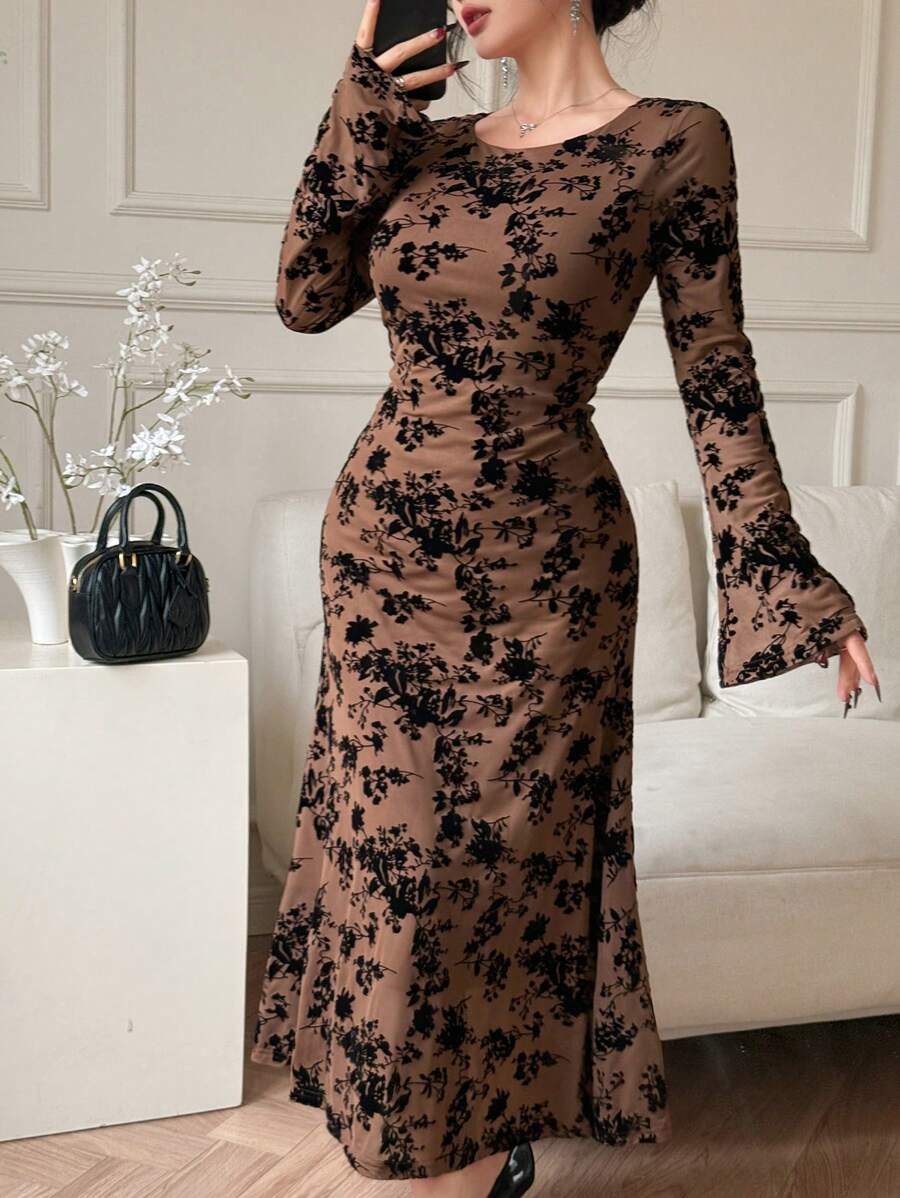 DAZY Valentine's Day Sexy Allover Print Flocked Ditsy Floral Mesh Women's Mid-Length Dress Elegant,Fall Dress Long Sleeve Dress - Coffee - View 1