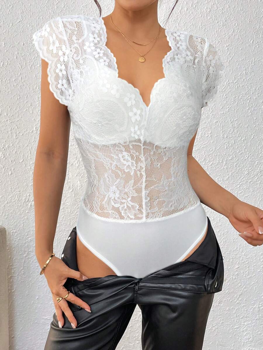 SHEIN Clasi Women's Minimalist Solid Color Lace Patchwork Bodysuit, Suitable For Commuting - White - View 1