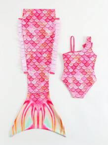 Young Girl Asymmetric Neck One-Piece Swimsuit With Printed Ribbon Decorative Details, Paired With Mermaid Skirt, Beach Vacation - Hot Pink - View 2