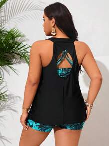 Swim Lushoire Plus Size Women 3pcs Plant Print Cross Back Bikini Set, Simple Sportswear Casual Vacation For Summer