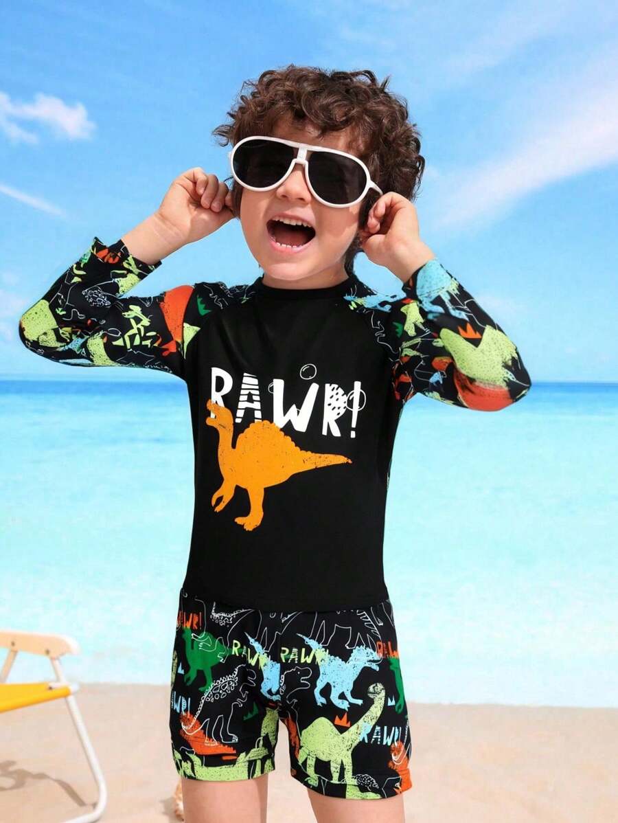 Fantacosmos Young Boy Cute Dinosaur Print Black Long Sleeve Shorts Swimwear Set Boys Dinosaur Clothes Summer Holiday - Black - View 1