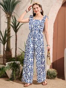 SHEIN Teen Girl Plant Printed Square Neck Patchwork Ruffled Elastic Jumpsuit With Detachable Bowknot Back Decor, Loose Wide Leg Pants - Blue - View 1