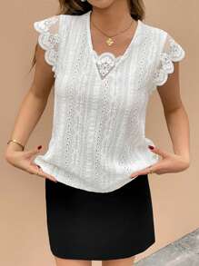 SHEIN Frenchy Women's Elegant Solid Color Lace Splicing White Knit Jacquard Fabric Ruffle Fly Sleeve Back Tie V-Neck Simple Fashionable T-Shirt For Summer Wear Summer For Women Summer Spring For Women Casual - White - View 8