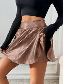 SHEIN Essnce 女士休闲纯色亮面运动休闲高腰半身裙，带侧袋 - 銅色 - 查看 4
