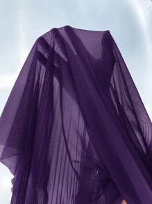 Plus Size Lace Patchwork Slip Dress & Bell Sleeve See-Through Robe Set, Waist Cinched Design