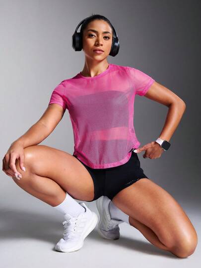 Powerista Camiseta deportiva de manga corta para mujer, de unicolor, de malla transpirable y transparente