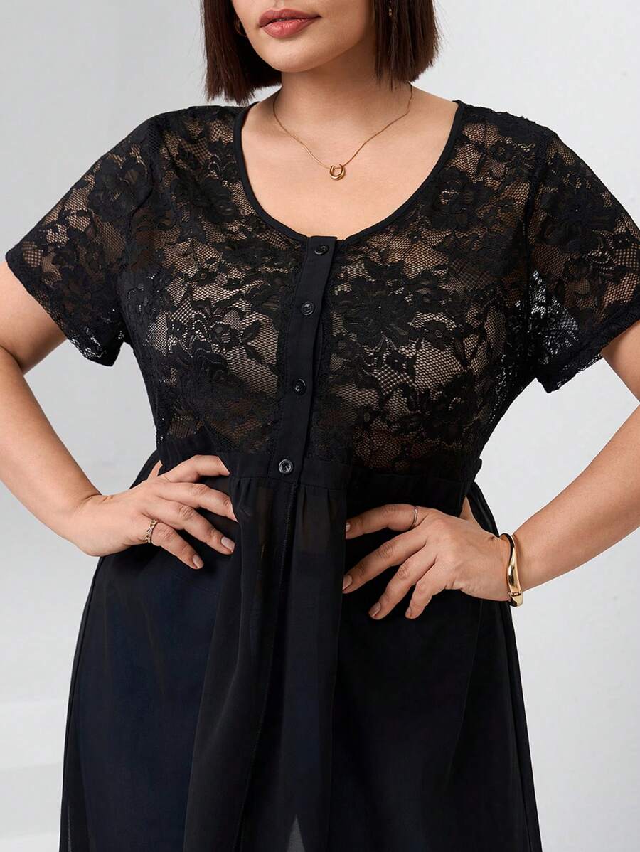 SHEIN Clasi 大码女式性感蕾丝拼布不对称下摆长款上衣 - 黑色 - 查看 1