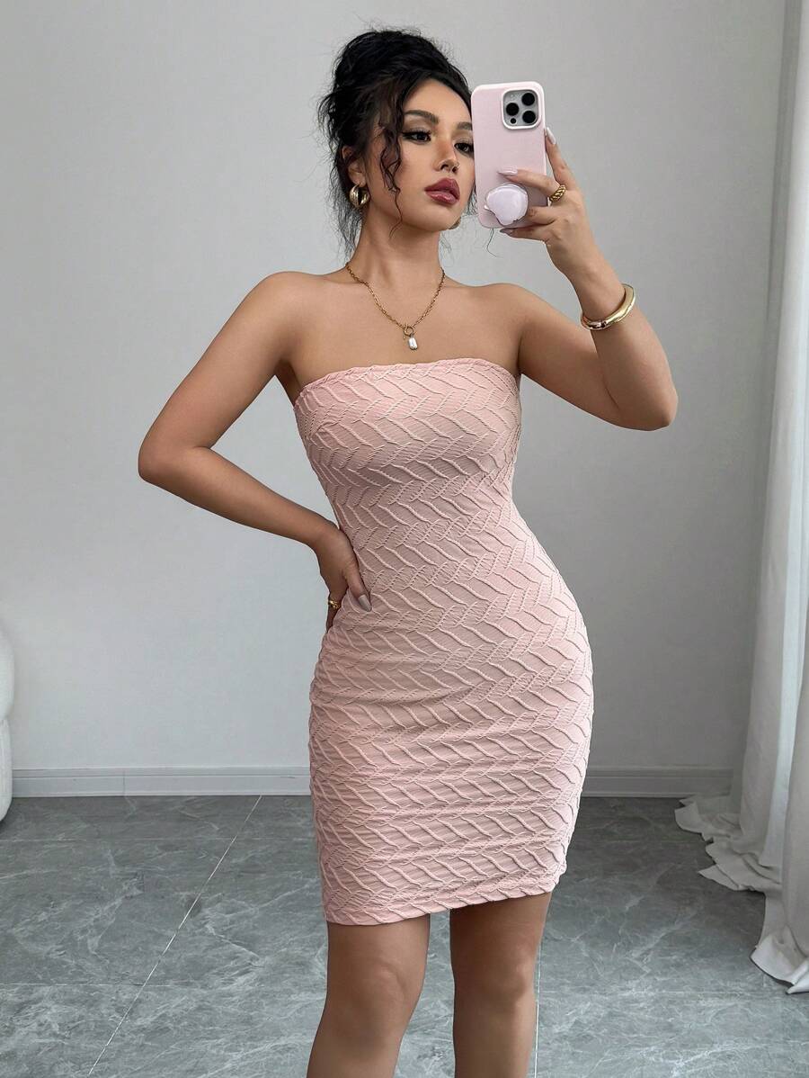 Elenzga Simple Strapless Cinched Waist Bodycon Pink Tube Dress For Women - Multicolor - View 1