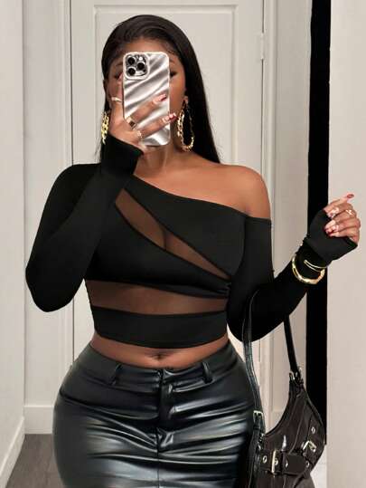 BamGleam Black Off-Shoulder Patchwork Long-Sleeved Sexy T-Shirt In English Fall Cloth For Women