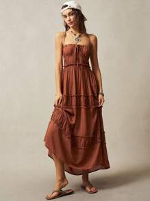 Bohemela 波西米亚风 1 件女式纯色编织中长连衣裙，带荷叶边下摆，波西米亚风女式连衣裙，女式连衣裙，女式连衣裙，波西米亚风长裙，女式露背连衣裙 - 摩卡棕 - 查看 5