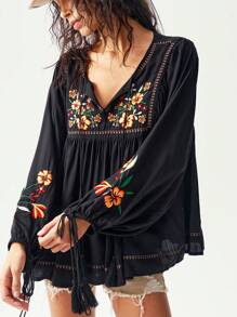 Bohemela Blusa de mujer de manga larga y cuello en V lisa y tejida para vacaciones