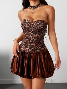 SHEIN EZwear 女士春夏约会夜复古俱乐部服装性感豹纹棕色紧身抹胸连衣裙