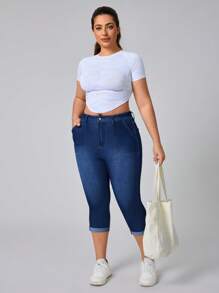 SHEIN Essnce 大码女式弹力牛仔裤，卷边设计，百搭紧身款式 - 藍色 - 查看 6