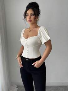 Elenzga 女士褶皱短袖紧身腰优雅衬衫 - 杏色 - 查看 6