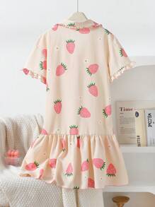 Camisón largo de manga corta y ropa de descanso con base negra minimalista y estampado de corazón rosa para niñas
