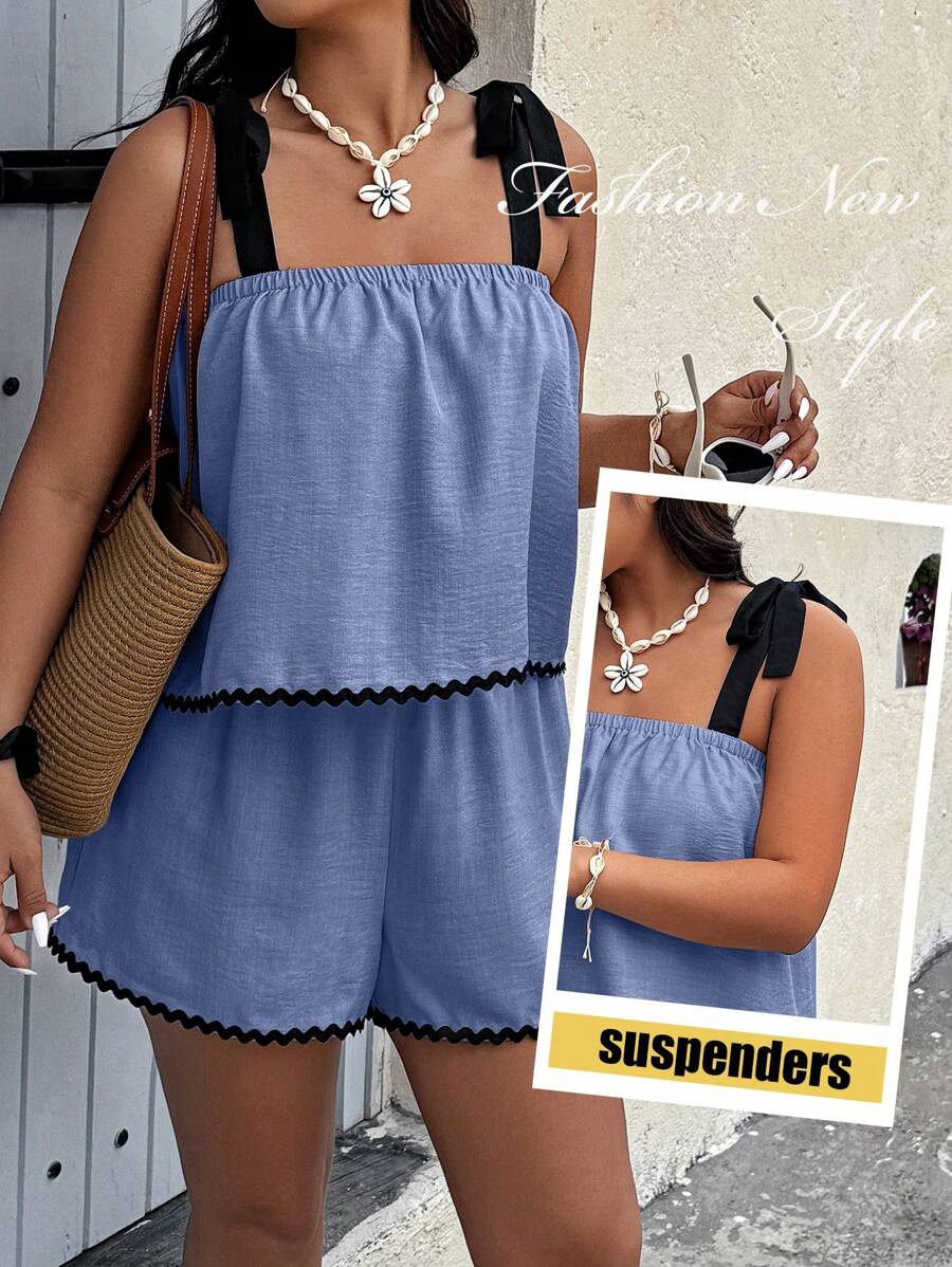 Breezaya Set de 2 piezas de talla grande con camisa de tirantes con volantes y shorts para vacaciones - Neblina azul - Ver 1