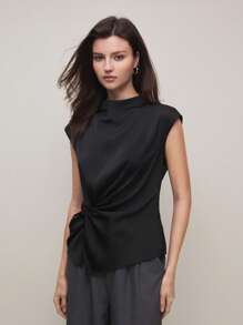 BizChic 女士优雅无袖中式领衬衫，适合春夏季通勤 - 黑色 - 查看 6