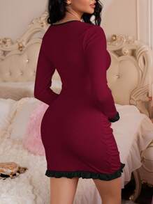 Short Lace-Up Puff Sleeve Nightdress With Jacquard Splice And Ruched Design - Burgundy - View 2