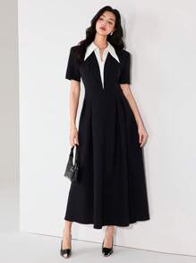 Heiryn Robe longue casual à manches courtes et couleur unie avec patchwork pour femmes - Noir et Blanc - Voir 5