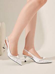 CUCCOO CHICEST Women's Simple Pointed Toe Faux Pearl Decor Casual Heels For Christmas Valentine's Day Elegant Shoes - White - View 4