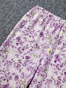 SHEIN 2 件套少女碎花宽松休闲圆领家居服套装 - 紫色 - 查看 3