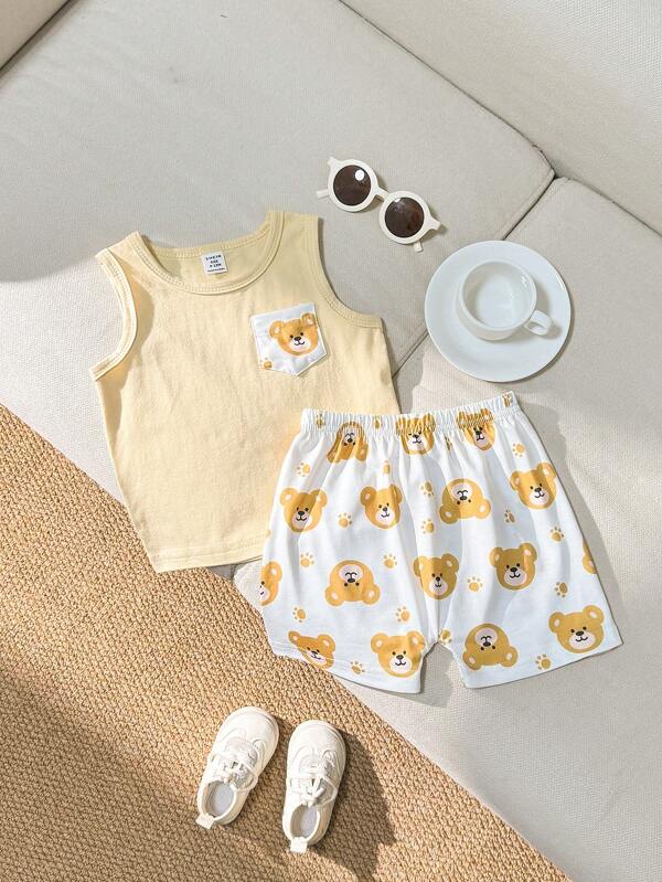 SHEIN 2pcs/Set Cute Casual Teddy Bear Graphic Sleeveless Top Tee And Shorts Set For Baby Boy, Spring/Summer