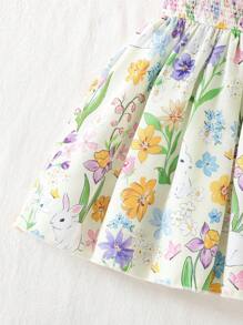Baby Girls' Rabbit & Floral Print Ruffle Trim Cami Sundress, Soft Comfy Casual Vacation Style For Spring/Summer, Easter