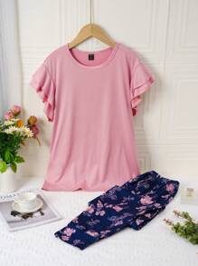 Set de pijama de 2 piezas para mujer con blusa de unicolor rosa de manga corta y pantalones 3/4 impresos con flores