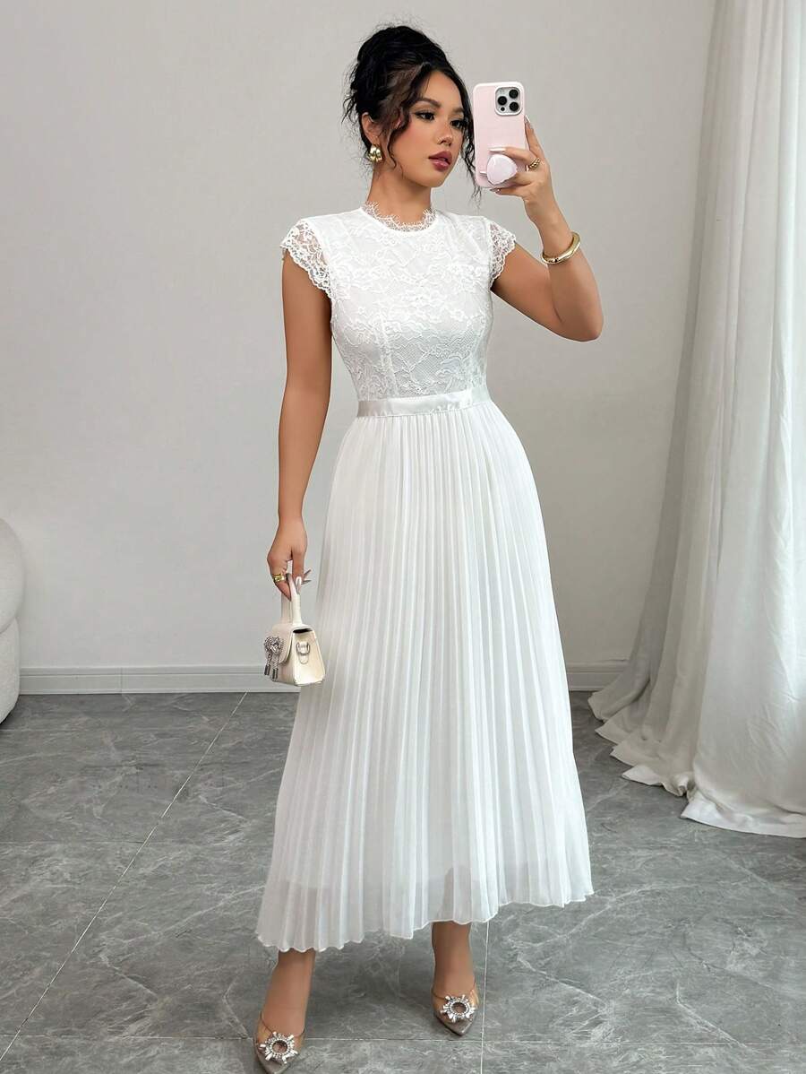 Elenzga Women's Summer Lace Splice Pleated Long Dress (Floral Pattern Asymmetric Cut) - White - View 1