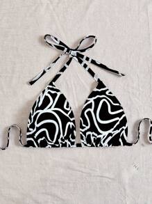 SHEIN Swim Curve 1 pieza Parte superior de traje de baño con estampado digital escote de atar informal y sexy para talla grande, apto para playa y resort