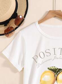 Tween Girl Casual Lemon Letter Print Short Sleeve T-Shirt Style Hit  Summer Tops - White - View 3