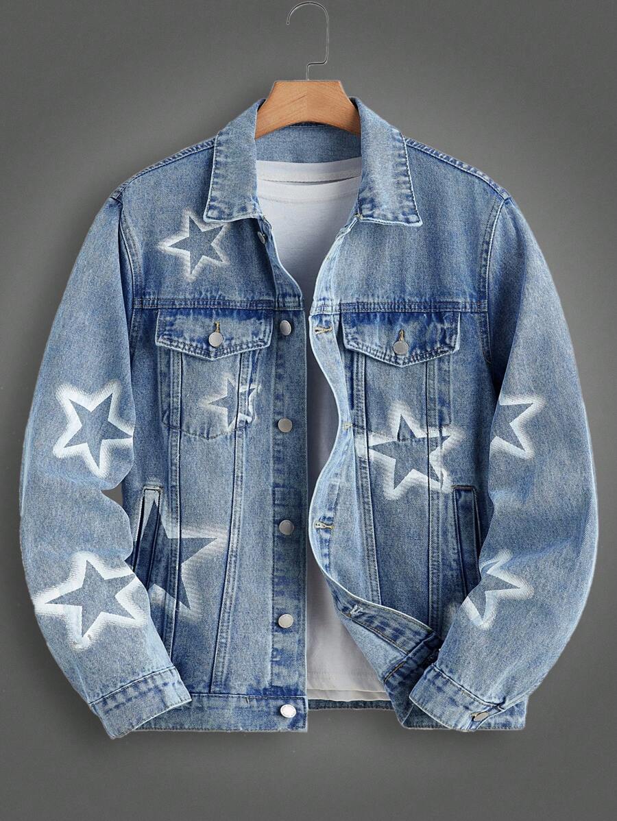 Manfinity Homme Men's Black Washed Denim Loose Star Graffiti Jacket - Light Wash - View 1