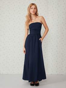 SHEIN EZwear Solid Black Slant Pocket Tube Longline Dress