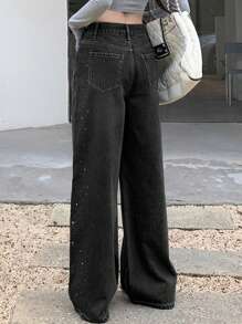 DAZY Women's Casual Washed Rhinestone Embellished Wide Leg Jeans