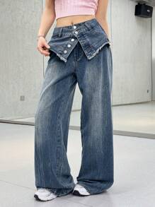 SHEIN EZwear 女式低腰宽松阔腿牛仔裤，夏季女式，低腰宽松牛仔裤，伊比沙岛，狂欢，破洞牛仔裤，狂欢牛仔裤，狂欢，女士休闲牛仔裤 - 中等水洗藍 - 查看 4