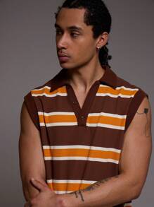 Musero Polo sin mangas con botones y paneles de contraste a rayas para primavera y verano - Marrón - Ver 2