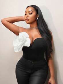 BamGleam 女士撞色 3D 花卉装饰露肩紧身衣，性感 - 黑色 - 查看 6