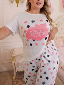 SweetSlumber 大码女式星星和云朵印花短袖上衣和裤子睡衣套装