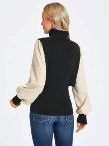 SHEIN LUNE Colourblock Bishop Sleeve Mock Neck Jumper - Multicolor - View 2
